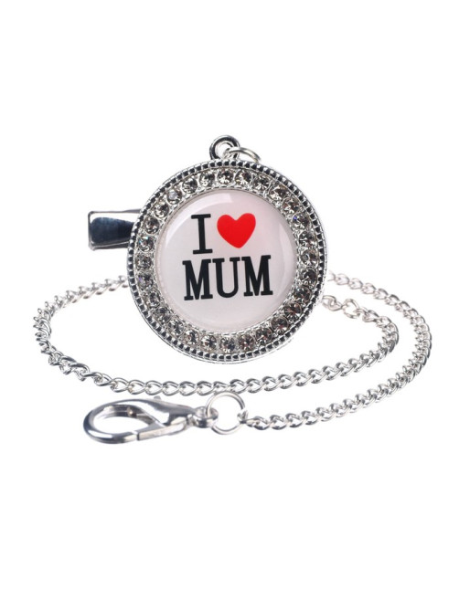 Соска - пустышка силиконовая ортодонтическая M&B «I LOVE MUM», от 6 мес., с колпачком, держатель - цепочка, белый/серебро, стразы
