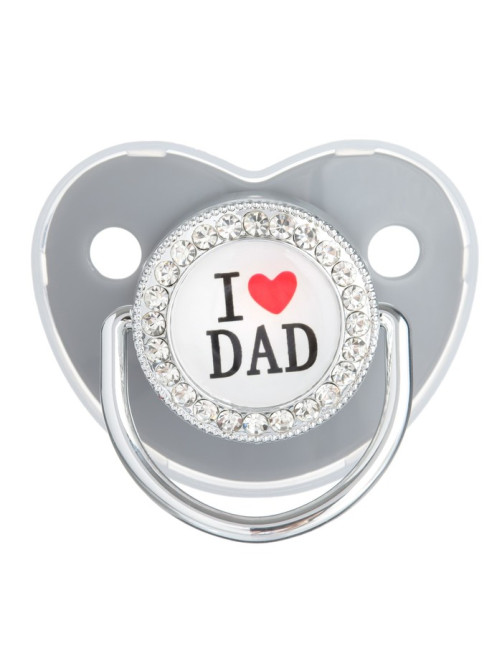 Соска - пустышка силиконовая ортодонтическая M&B «I LOVE DAD», от 6 мес., с колпачком, серый/серебро, стразы