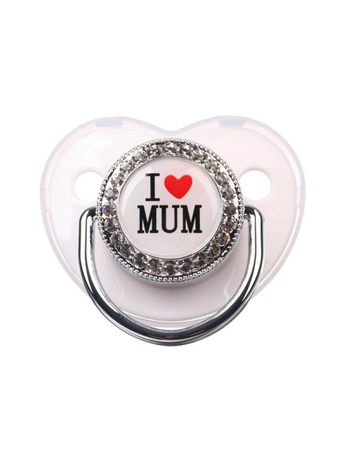 Соска - пустышка силиконовая ортодонтическая M&B «I LOVE MUM», от 6 мес., с колпачком, держатель - цепочка, белый/серебро, стразы