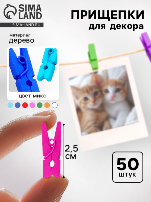 Прищепки для декора «Классика», набор 50 шт., 2.5 см, МИКС