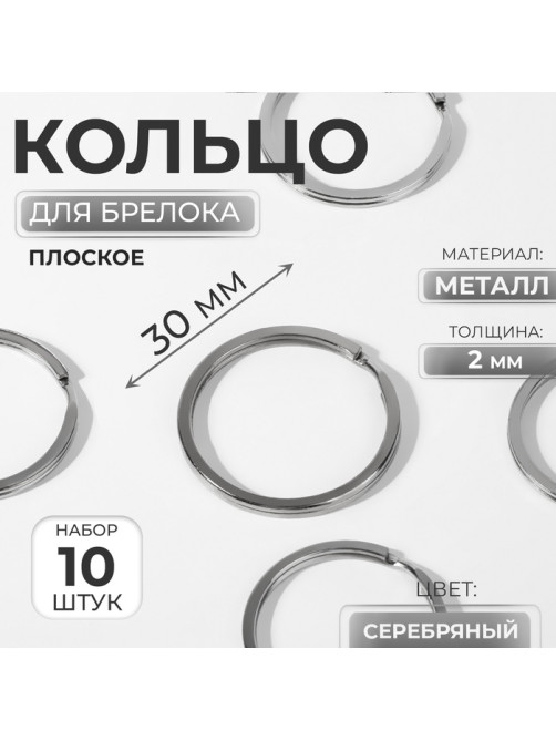 Кольцо для брелока, плоское, d=30 мм, толщина 2 мм, 10 шт., цвет серебряный