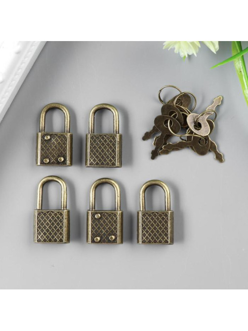 Замочек с ключиком для шкатулки, металл, набор 5 шт., бронза, 3.1×1.7 см