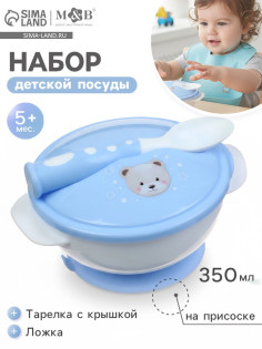 Тарелка на присоске из силикона M&B «Сладкий малыш», в наборе крышка, ложка, голубой