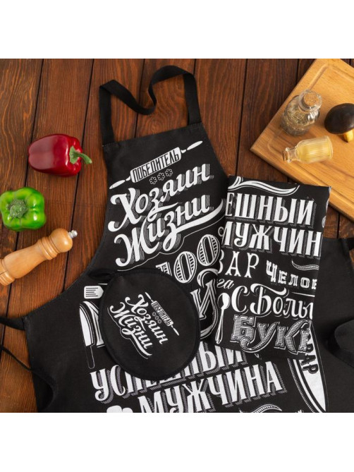 Кухонный набор 3 пр. «Доляна. 100% Мужик»: фартук 70×60 см, прихватка 20×20 см, полотенце 35×60 см