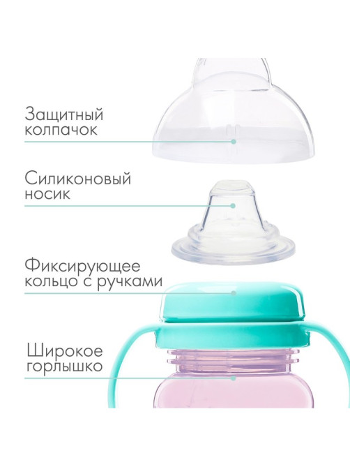 Поильник - непроливайка детский M&B с мягким носиком, от 9 мес., 270 мл., с ручками, розовый/бирюзовый