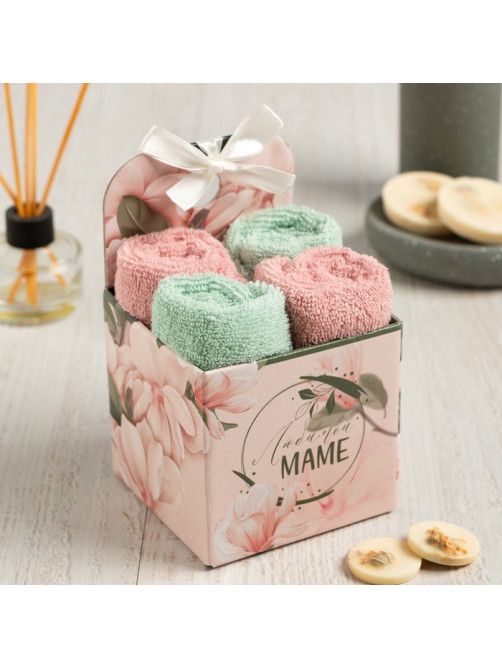 Салфетки махровые «Этель. Маме», 30×30 см, 4 шт., 100% хлопок, 340 г/м², зелёные/розовые