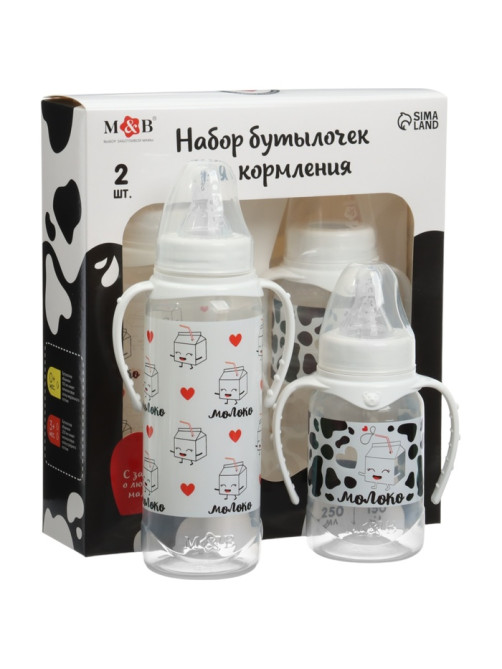 Бутылочки для кормления M&B «Люблю молоко», набор 2 шт., 150 и 250 мл