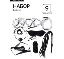 Эротический БДСМ набор с белым кружевом, чёрный, экокожа, 9 предметов
