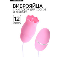 Виброяйца с насадкой для сосков и клитора, 12 режимов, USB, силикон, розовый