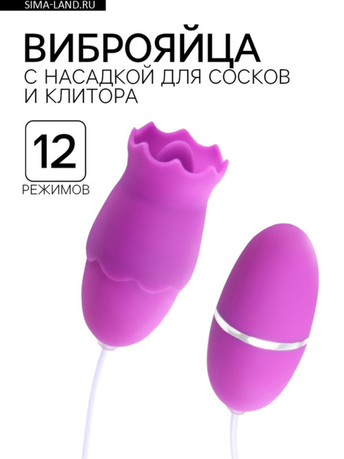 Виброяйца с насадкой для сосков и клитора, 12 режимов, USB, силикон, фиолетовый