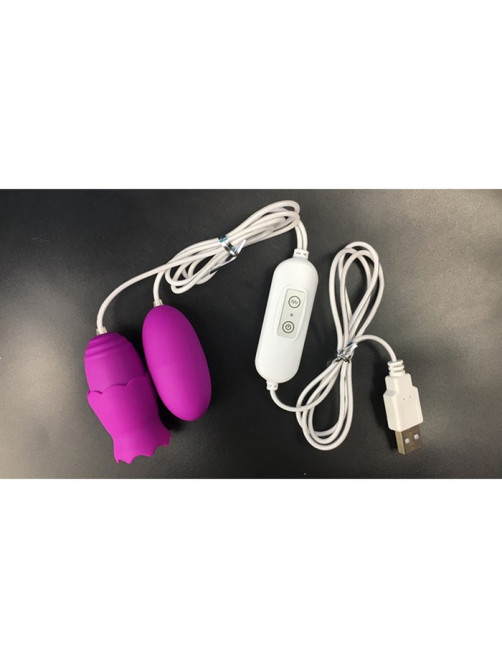 Виброяйца с насадкой для сосков и клитора, 12 режимов, USB, силикон, фиолетовый