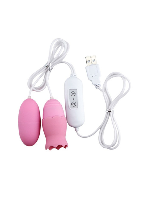 Виброяйца с насадкой для сосков и клитора, 12 режимов, USB, силикон, розовый