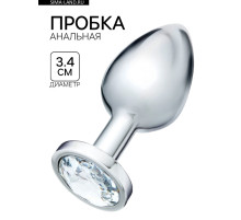 Анальная пробка серебряная, кристалл прозрачный, d=34 мм