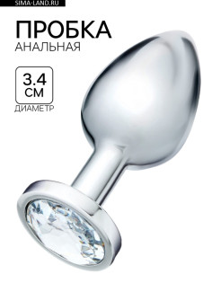Анальная пробка серебряная, кристалл прозрачный, d=34 мм