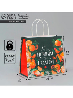 Пакет подарочный новогодний крафтовый «Новогодняя суета», 25×22×12 см