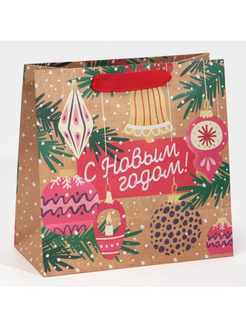 Пакет крафтовый квадратный «Новогодние чудеса», 22×22×11 см