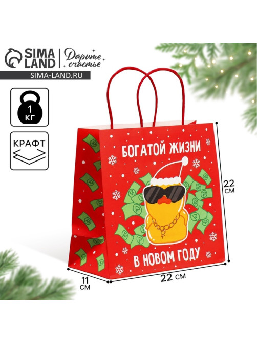 Пакет подарочный новогодний крафтовый «Что-то на богатом», 22×22×11 см