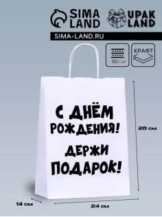 Пакет подарочный с приколами, крафт «С Днем Рождения. Держи подарок», белый, 28×24×14 см
