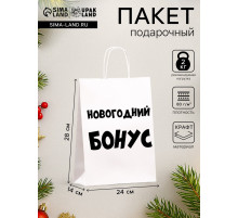Пакет бумажный подарочный новогодний крафт «Новогодний бонус», белый, 28×24×14 см