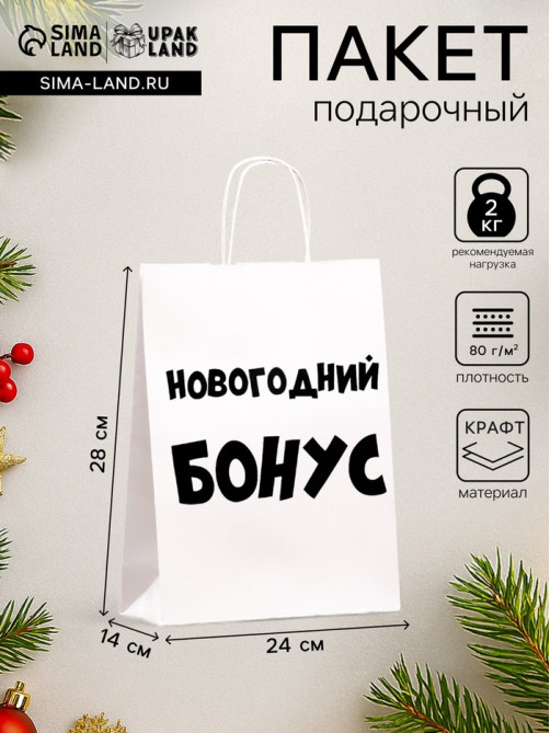 Пакет бумажный подарочный новогодний крафт «Новогодний бонус», белый, 28×24×14 см