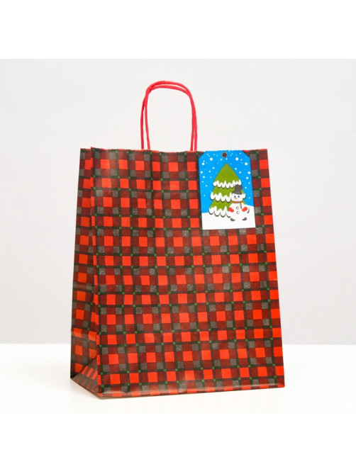 Пакет бумажный подарочный новогодний крафт «Красная клеточка» 22×12×27 см