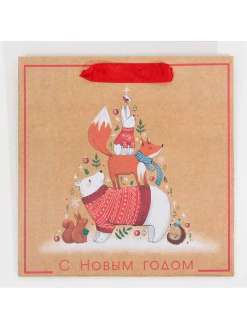 Пакет подарочный новогодний крафтовый квадратный «Друзья», 22×22×11 см