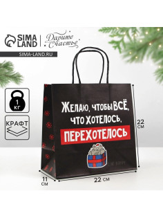 Пакет подарочный новогодний «Чтобы всё хотелось», 22×22×11 см