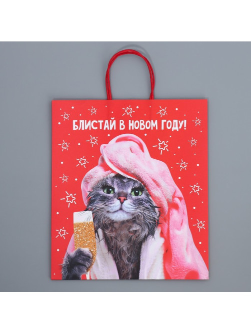 Пакет подарочный новогодний крафтовый «Блистай», 28×32×15 см