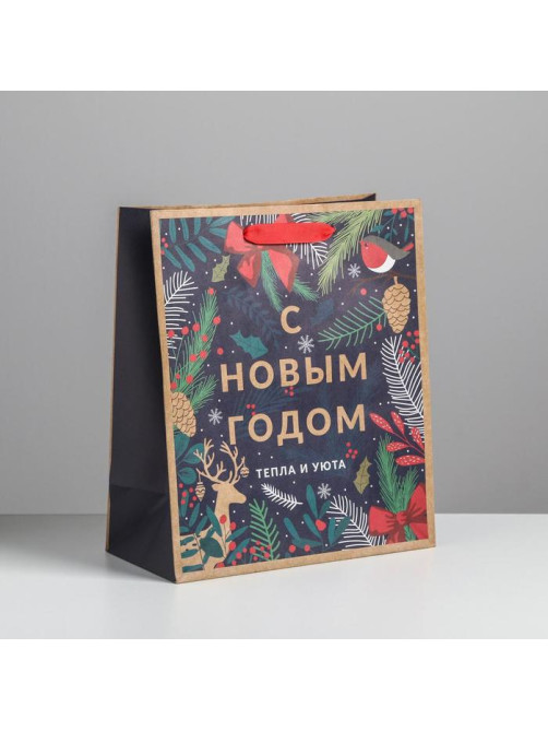 Пакет подарочный новогодний крафтовый «Новогодний лес», ML 23×27×11.5 см