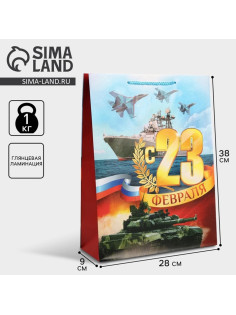 Пакет подарочный ламинированный, упаковка, «С 23 февраля», L 28×38×9 см