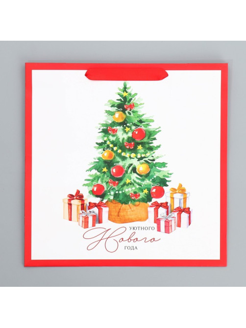 Пакет подарочный новогодний ламинированный квадратный Happiness, 30×30×12 см