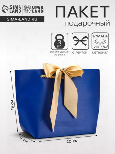 Пакет подарочный ламинированный, с лентой «Синий», горизонтальный 19×20×9 см