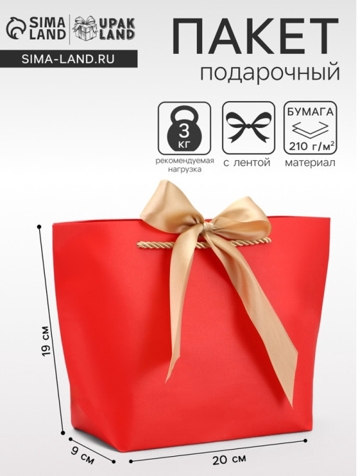 Пакет подарочный ламинированный, с лентой «Красный», горизонтальный, 19×20×9 см