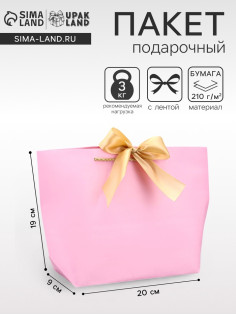 Пакет подарочный ламинированный с лентой «Розовый», горизонтальный, 19×20×9 см
