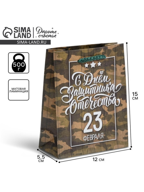 Пакет подарочный ламинированный, упаковка, «С 23 февраля», S 12×15×5.5 см
