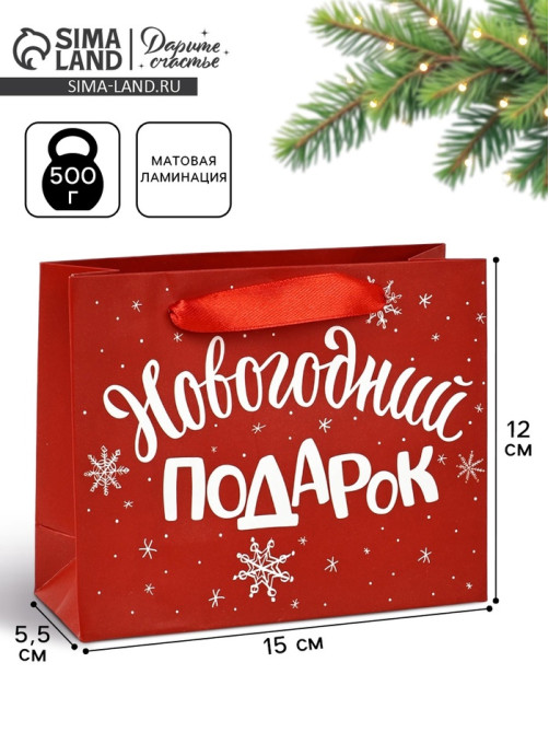 Пакет подарочный новогодний ламинированный «Новогодний подарок», S 5.5 см × 15 см × 12 см