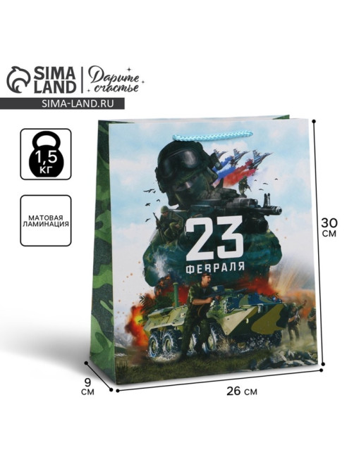 Пакет подарочный ламинированный, упаковка, «С 23 февраля», M 26×30×9 см
