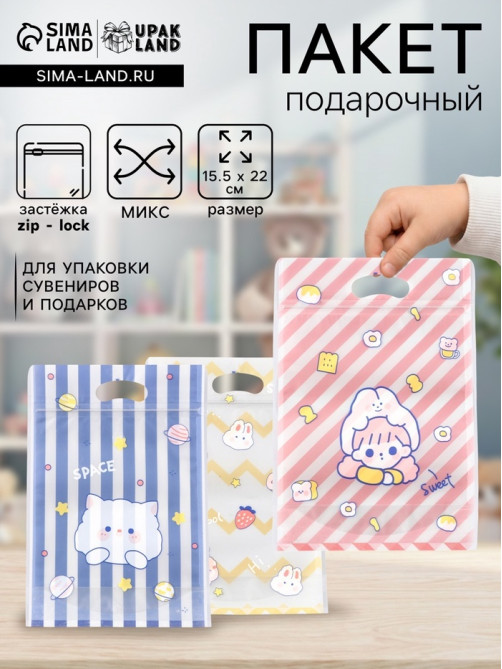 Пакет подарочный Zip-lock, «Корейский стиль», 15.5×22+3.5 см МИКС