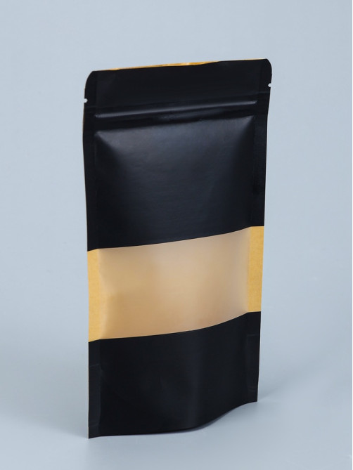 Пакет Zip-lock Крафт с прямоугольным окном, черный,12×20×4 см