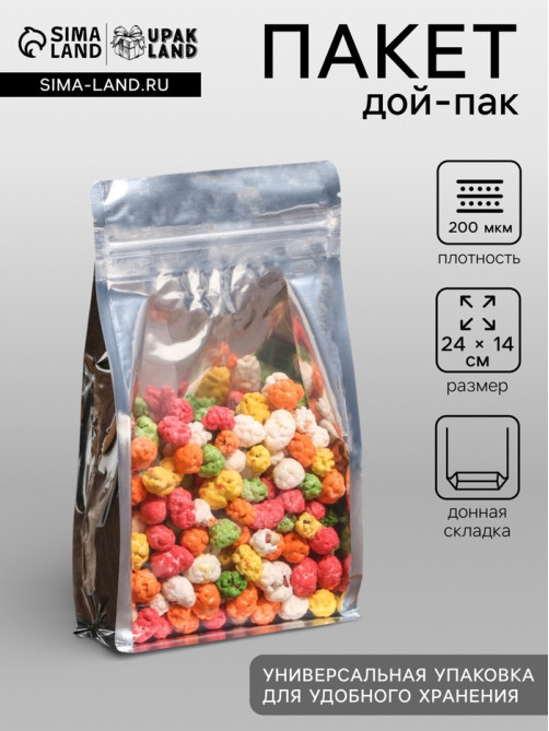 Пакет дой пак с окном, металлизированный, с дном, 14×24 см, 200 мкм