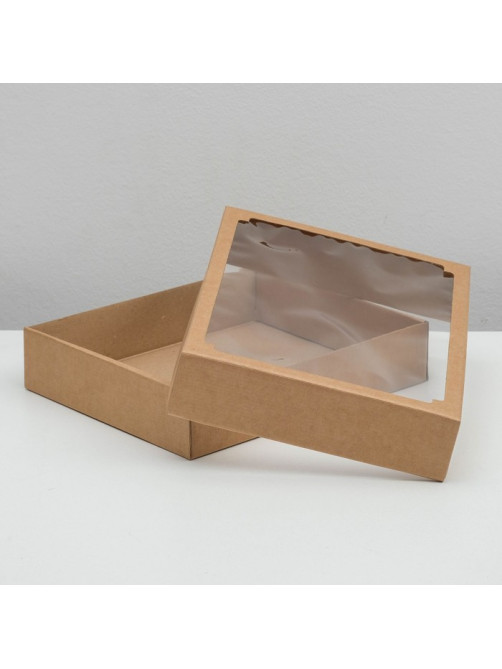 Коробка сборная без печати крышка-дно бурая с окном 29×23.5×6 см