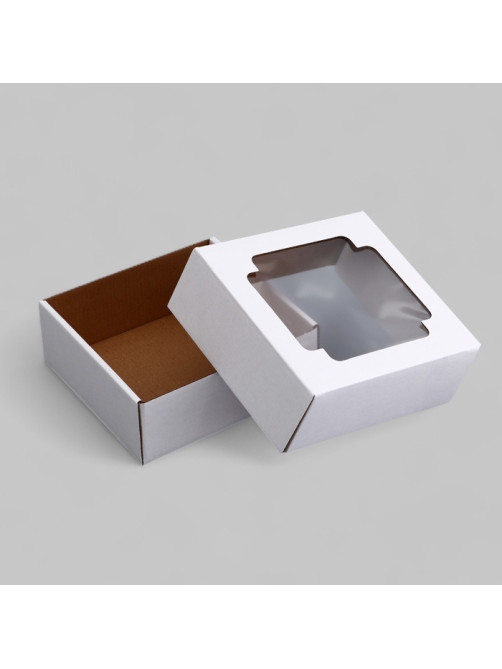 Коробка сборная без печати крышка-дно белая с окном 14.5×14.5×6 см