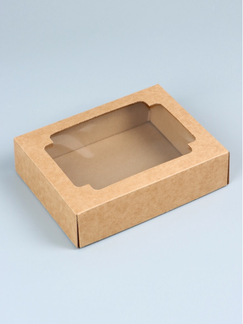 Коробка сборная без печати крышка - дно бурая с окном 18×15×5 см