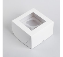 Кондитерская складная коробка для капкейков с окном на 4 шт., белая, 16×16×10 см
