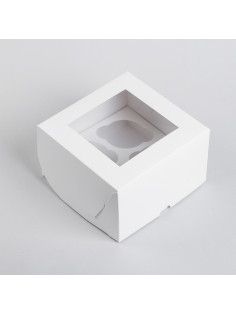 Кондитерская складная коробка для капкейков с окном на 4 шт., белая, 16×16×10 см