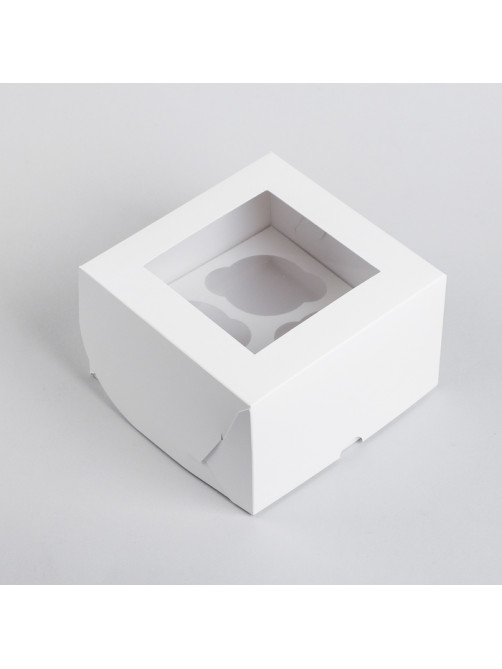 Кондитерская складная коробка для капкейков с окном на 4 шт., белая, 16×16×10 см