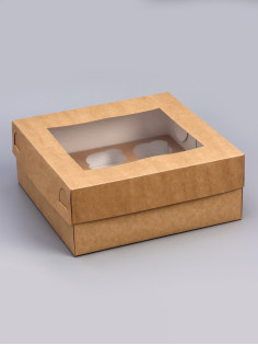Коробка для капкейков с окном на 9 шт., крафт, 25×25×10 см