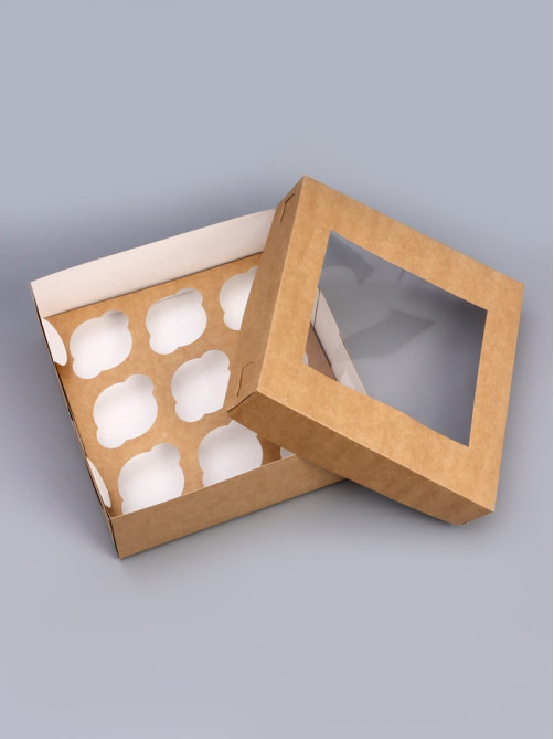 Коробка для капкейков с окном на 9 шт., крафт, 25×25×10 см