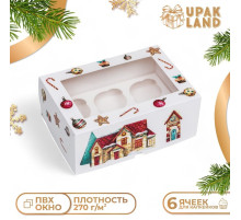 Коробка для 6 капкейков с окном «Рождественский домик», 25×17×10 см, упаковка