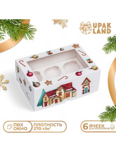 Коробка для 6 капкейков с окном «Рождественский домик», 25×17×10 см, упаковка